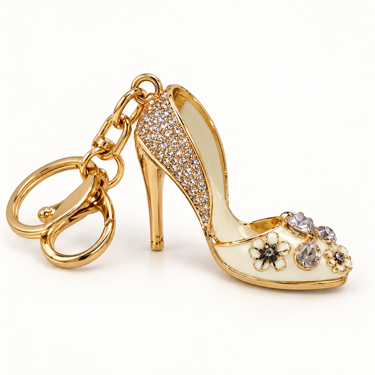 White jeweled high heel purse charm keychain, side view